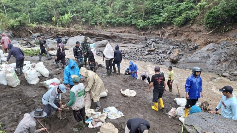 Gotong Royong Atasi Dampak Banjir, Babinsa Kalibaru dan Warga Keruk Endapan Dam Singo Latri untuk Jaga Ketahanan Pangan